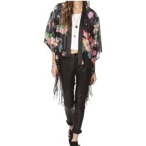 Woman Floral Fringed Sheer‎ Kimono Cardigan Lucky Leaves Size L Boho Cover Up